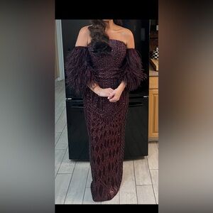 Elegant Burgundy Dress with Removable Feather Arm Bands from Eleanor Schain
